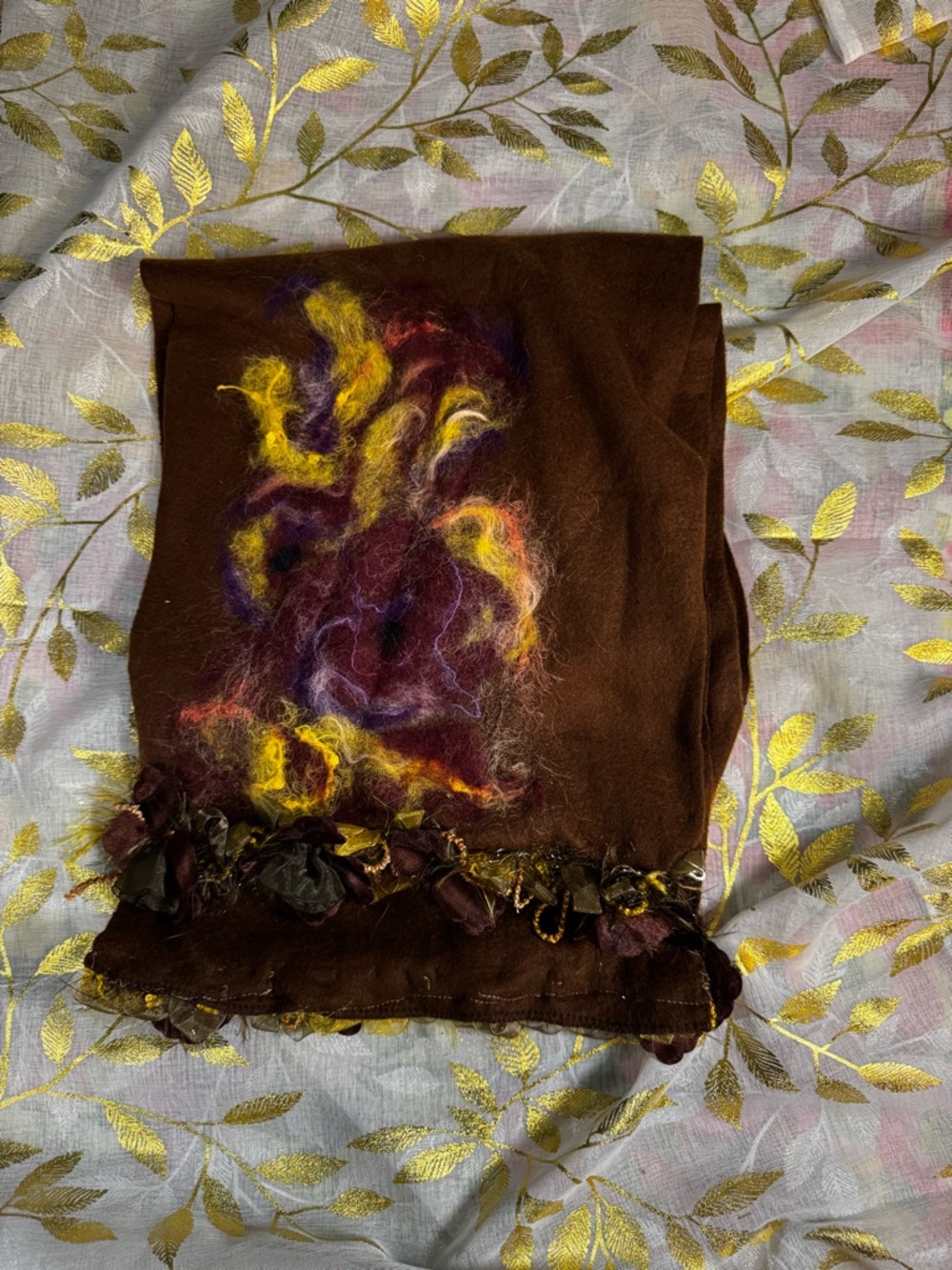 Handcrafted Brown Wool Scarf with Multicolor Felted Design